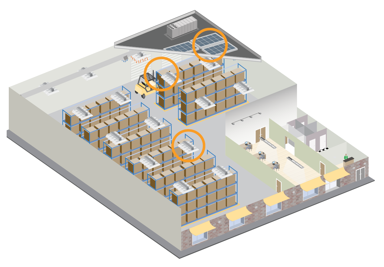 Diagram of factory floor with lighting controls
